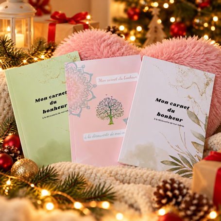 Mon carnet du bonheur – À la découverte de moi-même Carnet « Mon carnet du bonheur – À la découverte de moi-même », présenté avec différentes couvertures.